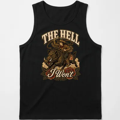 Vintage western cowgirl riding a wild boar with roses and bold text — printed on a tank top