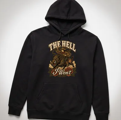 Vintage western cowgirl riding a wild boar with roses and bold text — printed on a unisex hoodie
