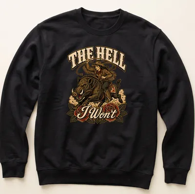 Vintage western cowgirl riding a wild boar with roses and bold text — printed on a unisex sweatshirt