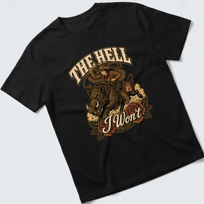 Vintage western cowgirl riding a wild boar with roses and bold text — printed on a unisex t-shirt
