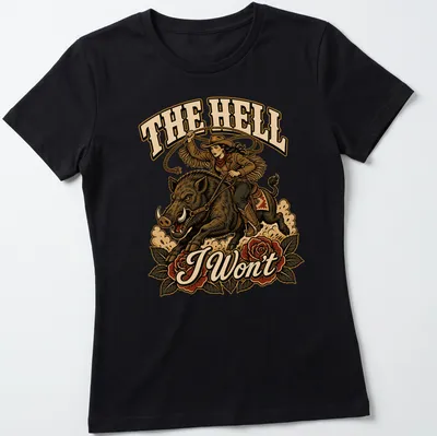 Vintage western cowgirl riding a wild boar with roses and bold text — printed on a women's shirt
