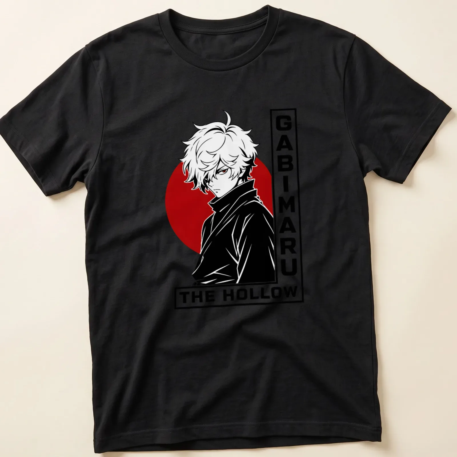 Minimalist T-shirt featuring Gabimaru character with red sun graphic — printed on a unisex t-shirt