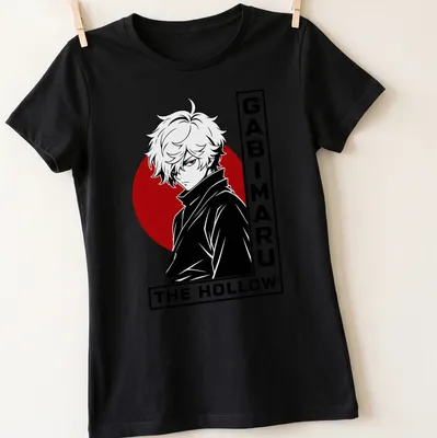 Minimalist T-shirt featuring Gabimaru character with red sun graphic — printed on a women's shirt