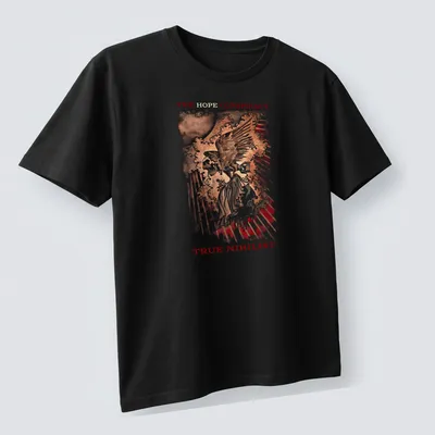 Vintage distressed tee featuring a fierce eagle and text about hope and nihilism — printed on a unisex t-shirt (angled view)