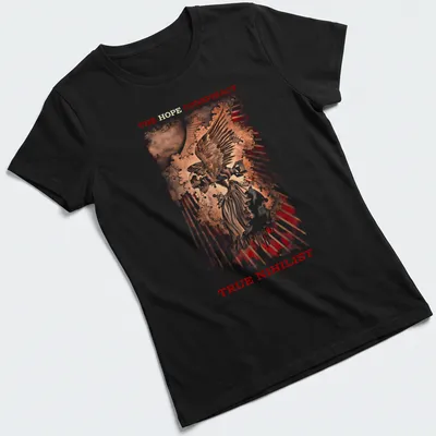 Vintage distressed tee featuring a fierce eagle and text about hope and nihilism — printed on a women's shirt