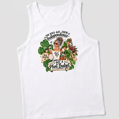 Colorful cartoon design of a plant mom with plants and coffee — printed on a tank top