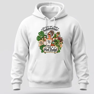Colorful cartoon design of a plant mom with plants and coffee — printed on a unisex hoodie
