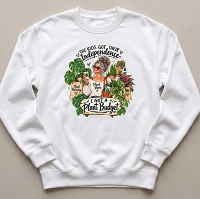 Colorful cartoon design of a plant mom with plants and coffee — printed on a unisex sweatshirt