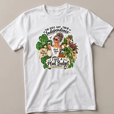 Colorful cartoon design of a plant mom with plants and coffee