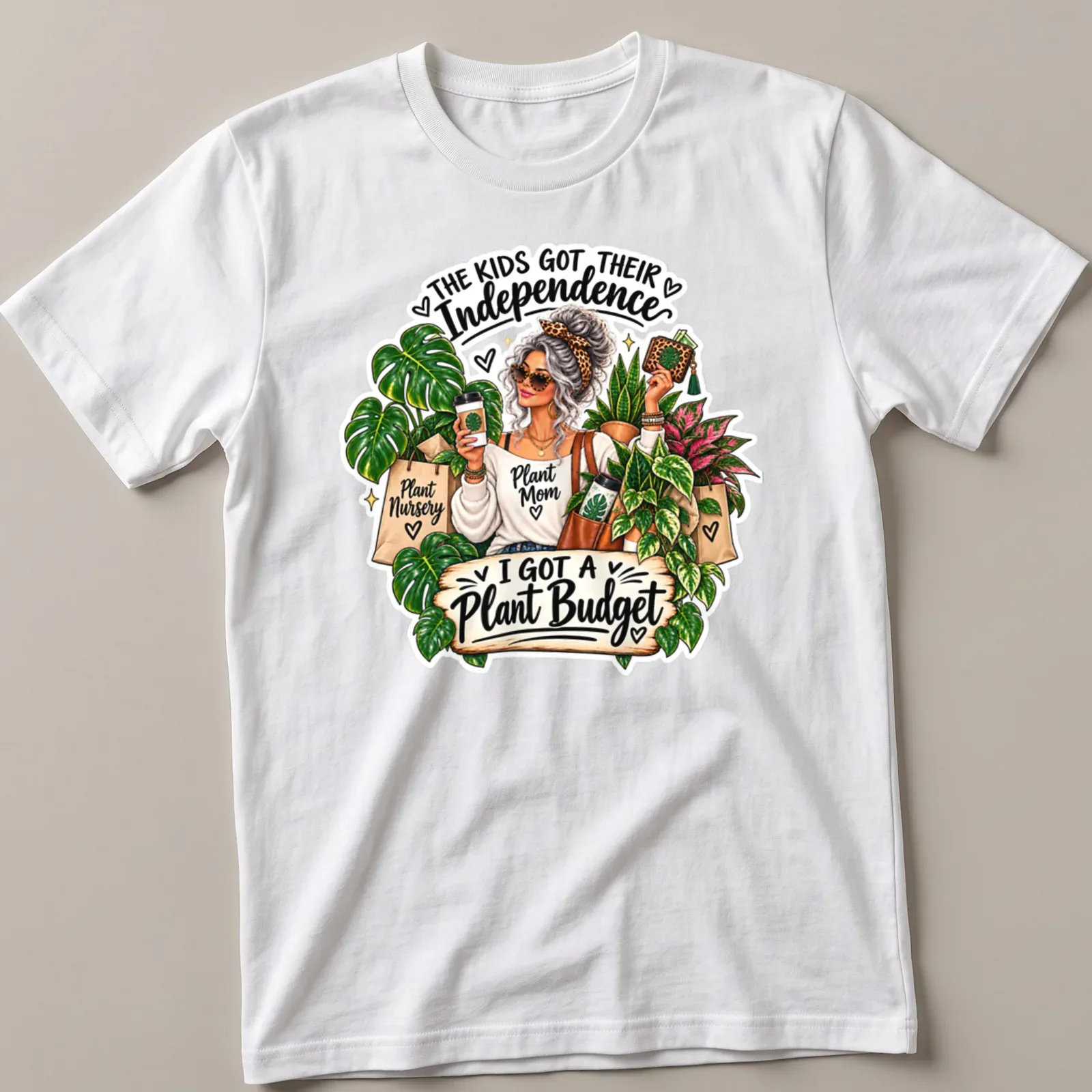 Colorful cartoon design of a plant mom with plants and coffee — printed on a unisex t-shirt