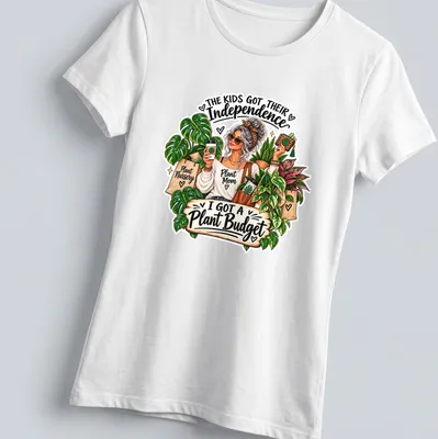 Colorful cartoon design of a plant mom with plants and coffee — printed on a women's shirt