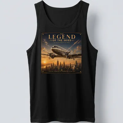 Art deco style T-shirt featuring a vintage airplane with gold, blue, orange, and gray colors. — printed on a tank top