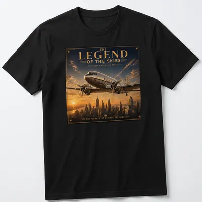 Art deco style T-shirt featuring a vintage airplane with gold, blue, orange, and gray colors.