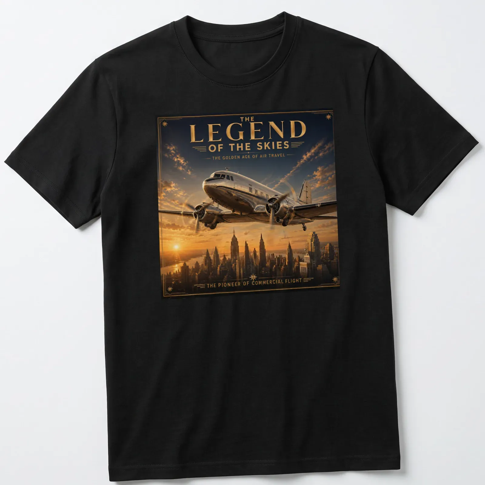 Art deco style T-shirt featuring a vintage airplane with gold, blue, orange, and gray colors. — printed on a unisex t-shirt
