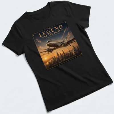 Art deco style T-shirt featuring a vintage airplane with gold, blue, orange, and gray colors. — printed on a women's shirt
