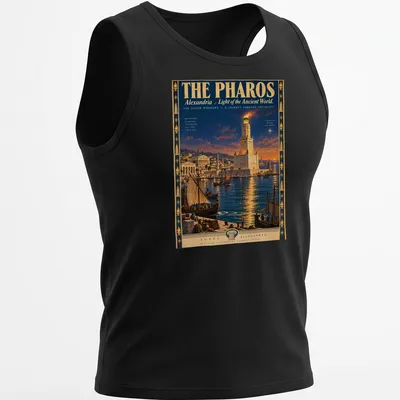 Vintage travel poster design featuring the Lighthouse of Alexandria with text. — printed on a tank top