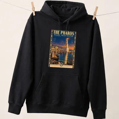 Vintage travel poster design featuring the Lighthouse of Alexandria with text. — printed on a unisex hoodie