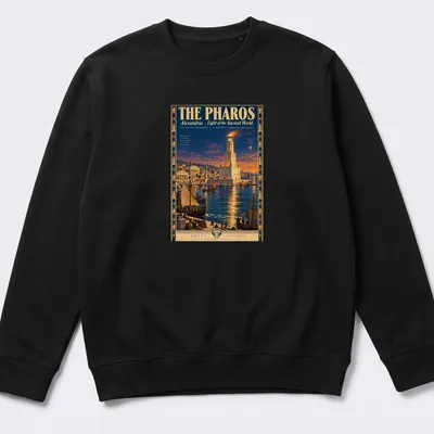 Vintage travel poster design featuring the Lighthouse of Alexandria with text. — printed on a unisex sweatshirt