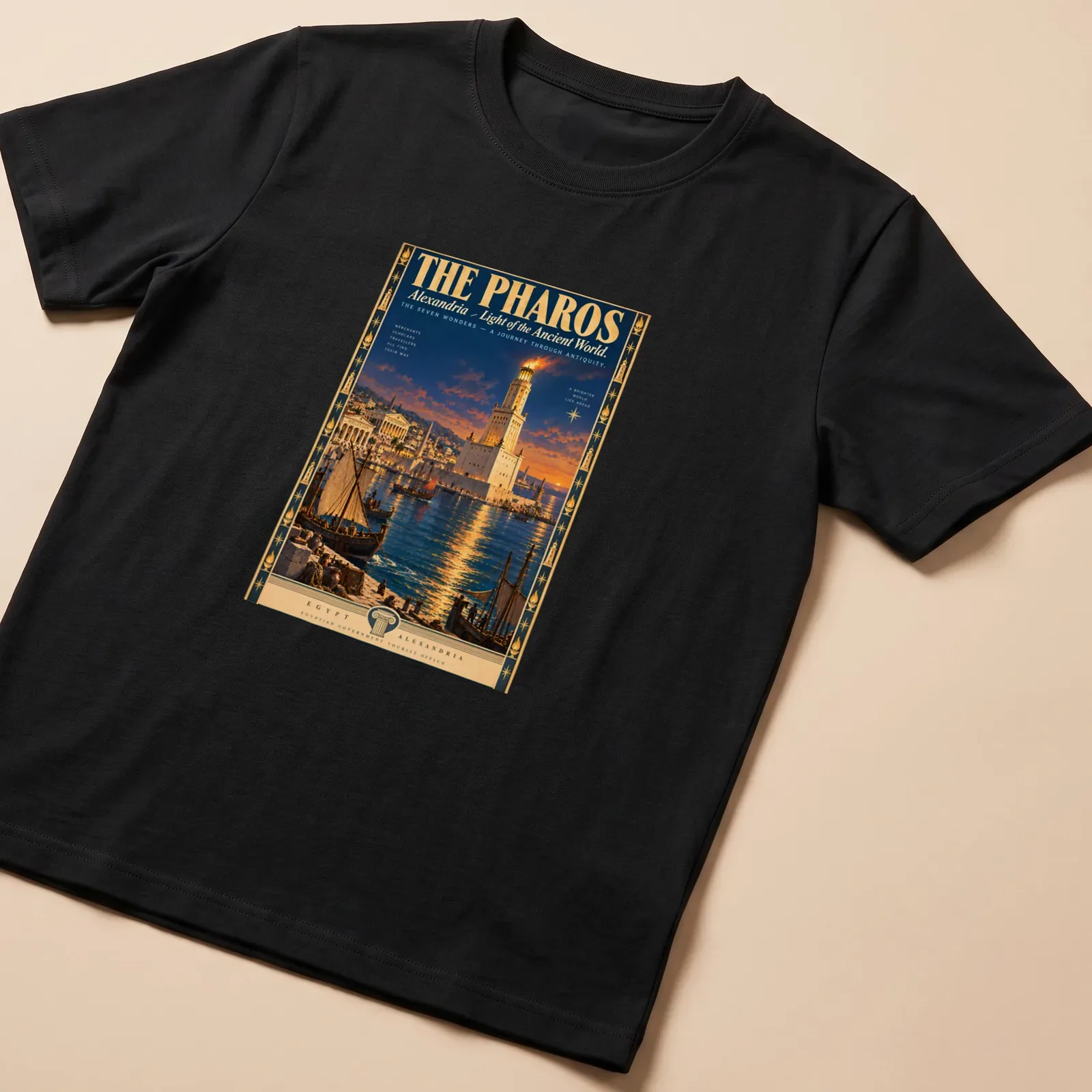 Vintage travel poster design featuring the Lighthouse of Alexandria with text. — printed on a unisex t-shirt