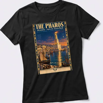 Vintage travel poster design featuring the Lighthouse of Alexandria with text. — printed on a women's shirt