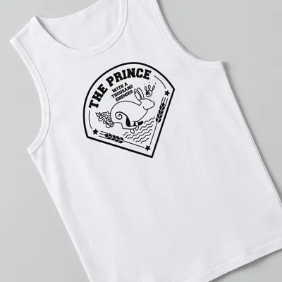 Bold line-art print of a rabbit with the text 'THE PRINCE WITH A THOUSAND ENEMIES' — printed on a tank top