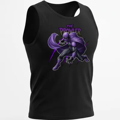 Comic book style illustration of a purple superhero with bold lettering — printed on a tank top
