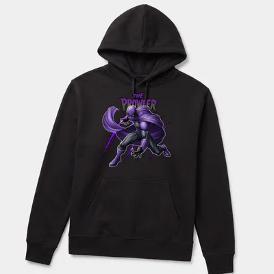 Comic book style illustration of a purple superhero with bold lettering — printed on a unisex hoodie