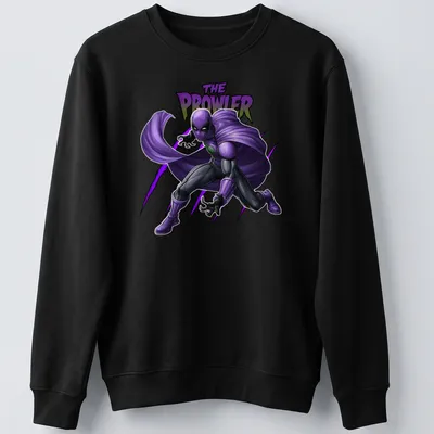 Comic book style illustration of a purple superhero with bold lettering — printed on a unisex sweatshirt