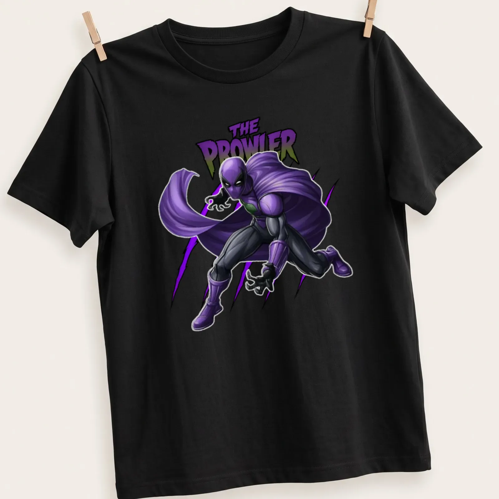 Comic book style illustration of a purple superhero with bold lettering — printed on a unisex t-shirt