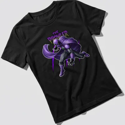 Comic book style illustration of a purple superhero with bold lettering — printed on a women's shirt