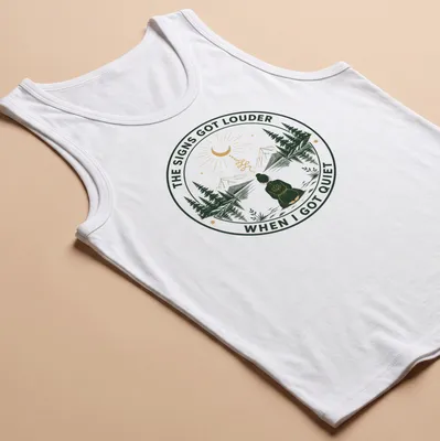 Meditation scene T-shirt with serene person and uplifting text in green and gold — printed on a tank top