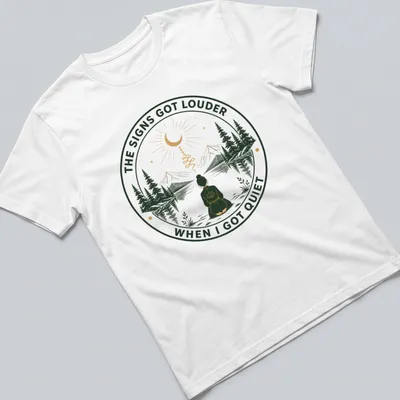 Meditation scene T-shirt with serene person and uplifting text in green and gold
