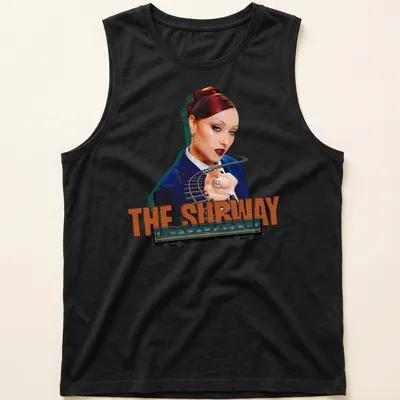 Vibrant digital art of a woman pointing beside a subway train with text 'THE SUBWAY' — printed on a tank top