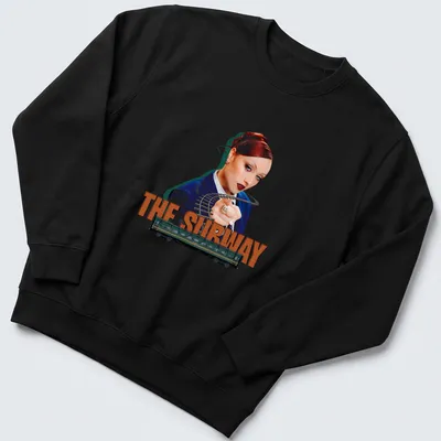 Vibrant digital art of a woman pointing beside a subway train with text 'THE SUBWAY' — printed on a unisex sweatshirt