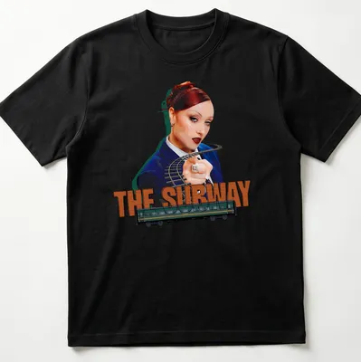 Vibrant digital art of a woman pointing beside a subway train with text 'THE SUBWAY'