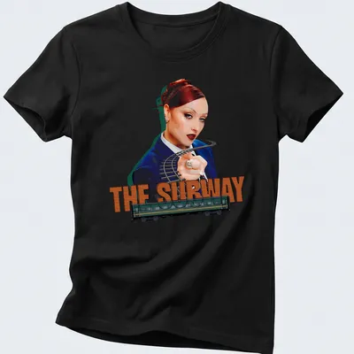Vibrant digital art of a woman pointing beside a subway train with text 'THE SUBWAY' — printed on a women's shirt