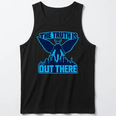Bold graphic t-shirt featuring Mothman with the phrase The Truth Is Out There — printed on a tank top