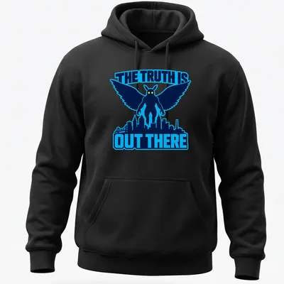 Bold graphic t-shirt featuring Mothman with the phrase The Truth Is Out There — printed on a unisex hoodie