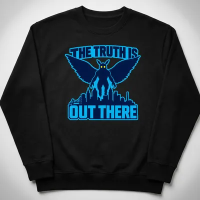 Bold graphic t-shirt featuring Mothman with the phrase The Truth Is Out There — printed on a unisex sweatshirt