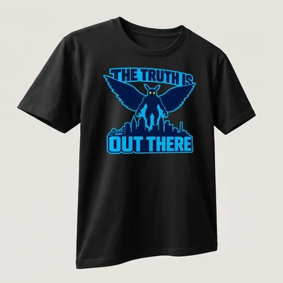 Bold graphic t-shirt featuring Mothman with the phrase The Truth Is Out There — printed on a unisex t-shirt (angled view)