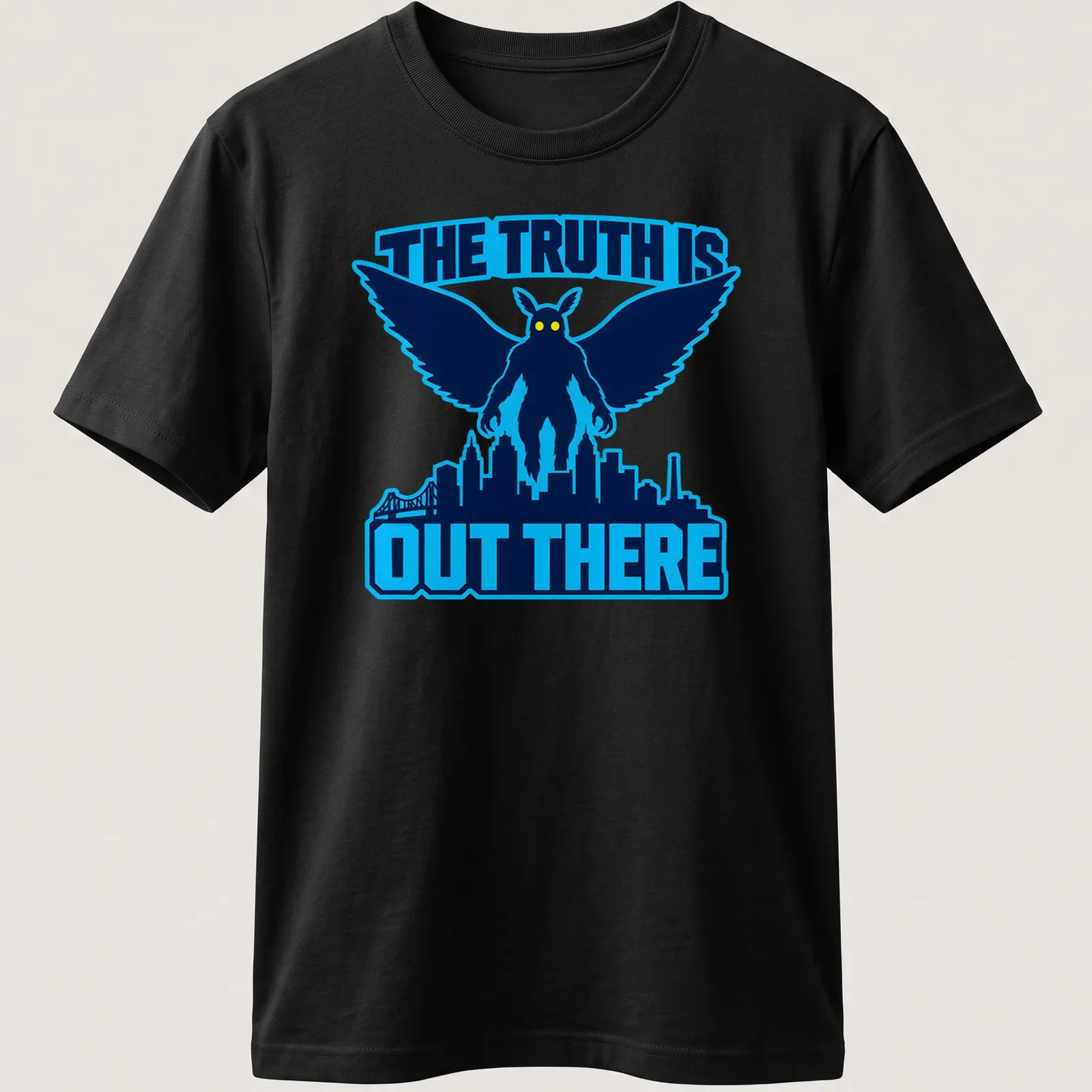 Bold graphic t-shirt featuring Mothman with the phrase The Truth Is Out There — printed on a unisex t-shirt