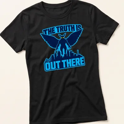 Bold graphic t-shirt featuring Mothman with the phrase The Truth Is Out There — printed on a women's shirt