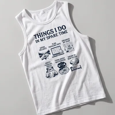 Illustrative kayaking activities t-shirt with humorous text about kayaking. — printed on a tank top