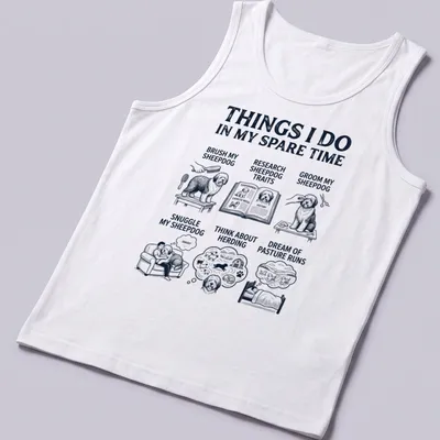 Vintage illustration of an Old English Sheepdog with printed text about dog activities — printed on a tank top