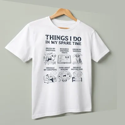 Vintage illustration of an Old English Sheepdog with printed text about dog activities — printed on a unisex t-shirt (angled view)