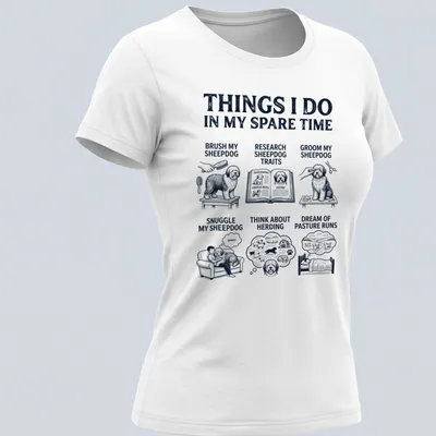 Vintage illustration of an Old English Sheepdog with printed text about dog activities — printed on a women's shirt