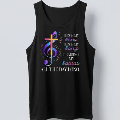 Colorful gradient T-shirt with faith message, cross, and musical notes — printed on a tank top