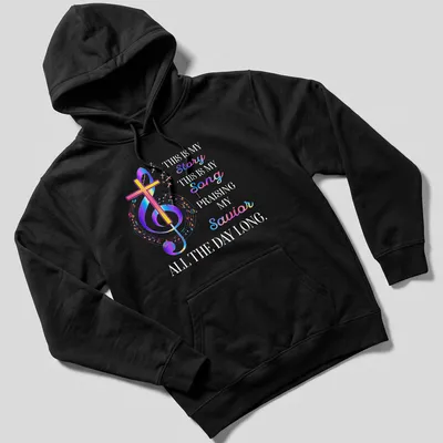Colorful gradient T-shirt with faith message, cross, and musical notes — printed on a unisex hoodie