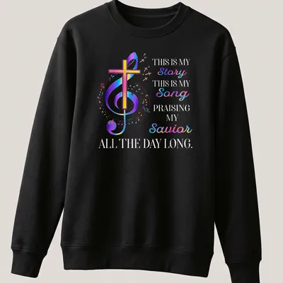 Colorful gradient T-shirt with faith message, cross, and musical notes — printed on a unisex sweatshirt