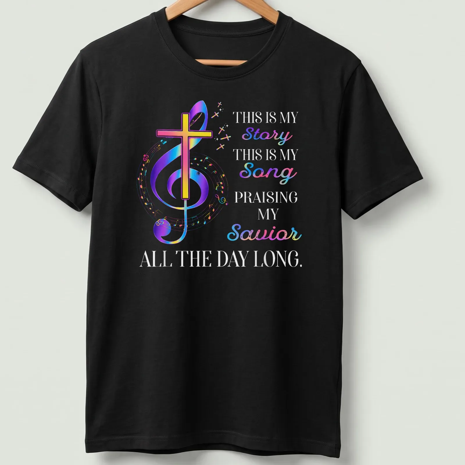 Colorful gradient T-shirt with faith message, cross, and musical notes — printed on a unisex t-shirt